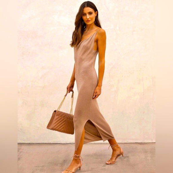 Vici shimmer taupe long dress Drape cowl neckline NEW SALE Re $69 *See matching - Picture 3 of 12